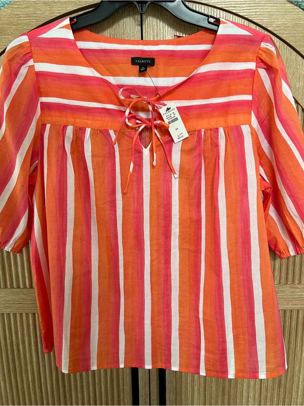 Talbots Pink, Orange & White Striped Tie-Neck Peasant Blouse